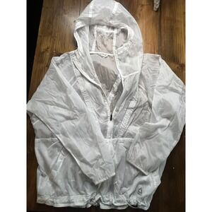 Reebok Womens White Ripstop Half Zip Windbreaker Hooded Jacket Large RN69421